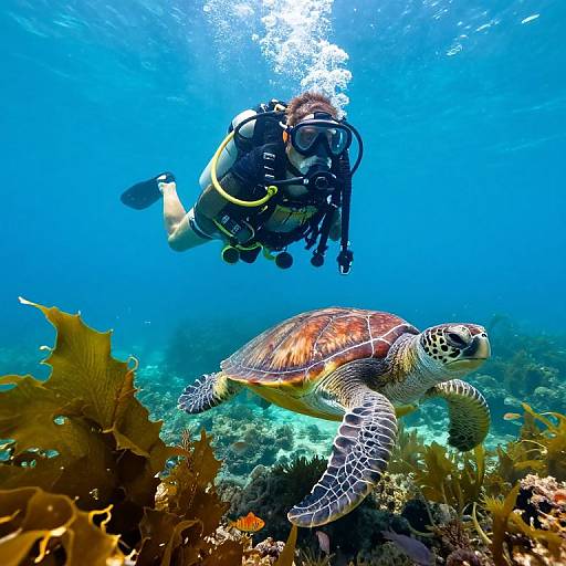 Scuba diver in blue ocean, snorkeling gear, swimming above a green-and-brown patterned sea turtle, surrounded by coral and seaweed.