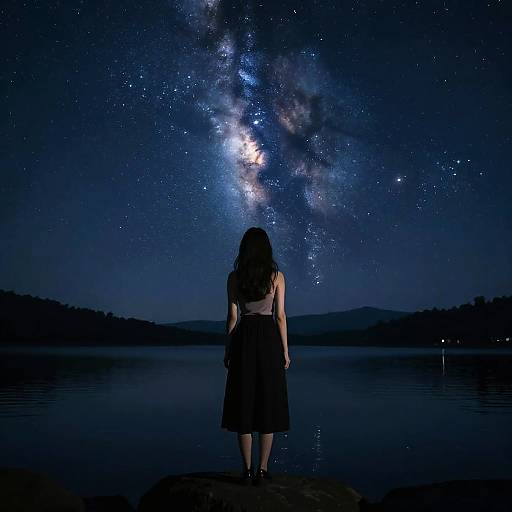 Woman in Starry Night Over Lake