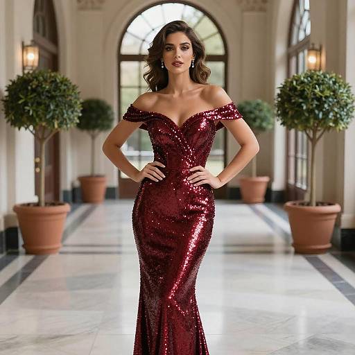 Confident Woman in Red Sequin Gown