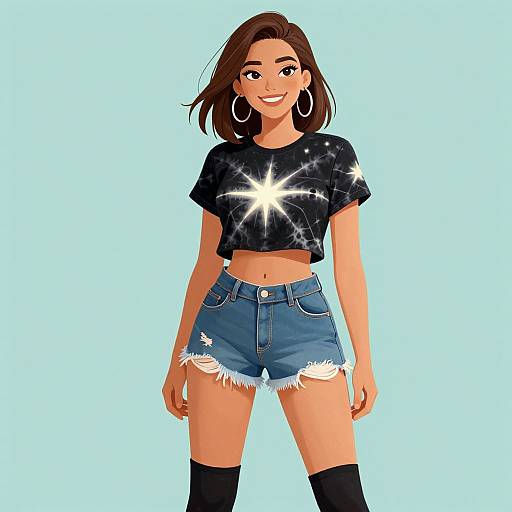 Digital illustration of a smiling young woman with brown hair, wearing a black galaxy crop top, blue denim shorts with frayed edges, black knee-high socks