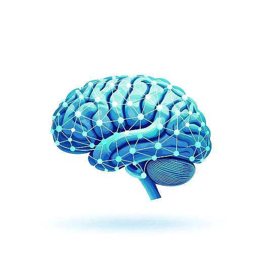 Digital illustration of a blue, glowing, 3D human brain with star-like geometric patterns on a white background. Modern, futuristic style.