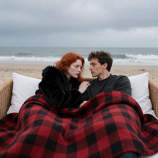 Redhead in Black Fur on Beach Bed