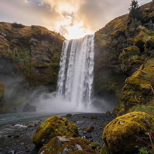 Misty Ancient Waterfall Fantasy Landscape