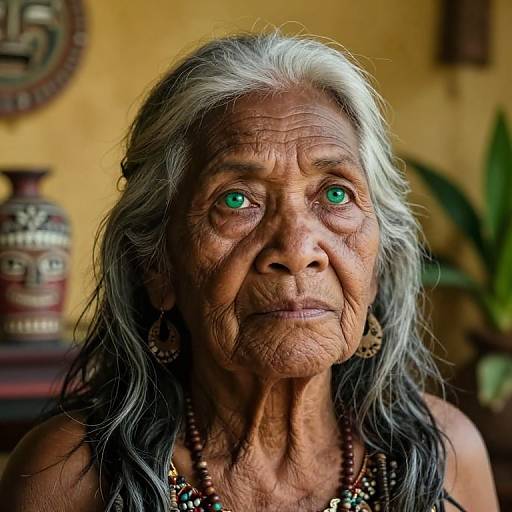 Photograph of an elderly Indigenous woman with long gray hair, green eyes, deep wrinkles, wearing beaded necklace and earrings, against a yellow wall with