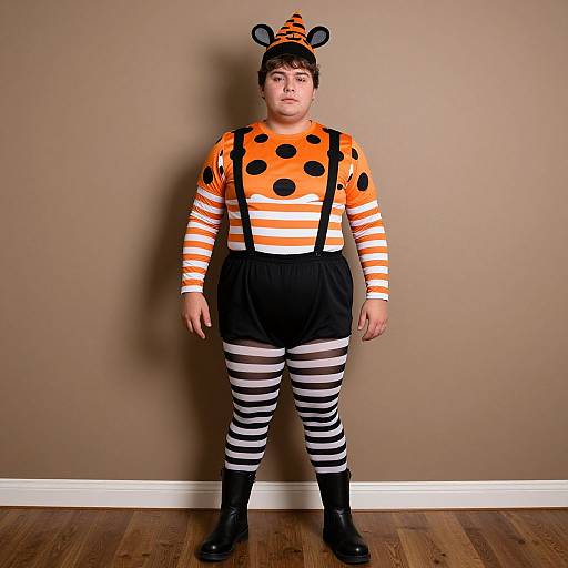 Photograph of a plus-sized person in a colorful Halloween costume with orange and black polka dot shirt, striped leggings, black shorts, mouse ears hat