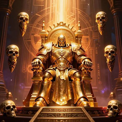 Digital art of a golden armored figure on a radiant throne, surrounded by floating skulls, in a dimly lit, sci-fi temple.