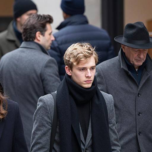 Young Man in Gray Suit on Crowded Street