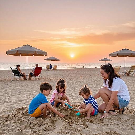 Photograph of a smiling mother with black hair and white shirt, kneeling on a sandy beach, playing with three children building a sandcastle at sunset,