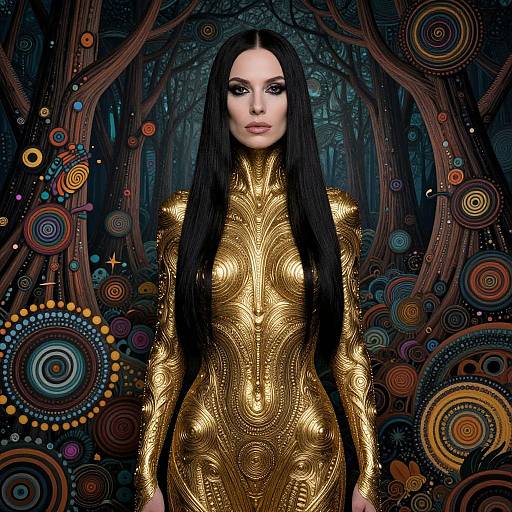 Digital artwork of a pale-skinned woman with long black hair, wearing a gold, intricately patterned bodysuit, standing in a dark,