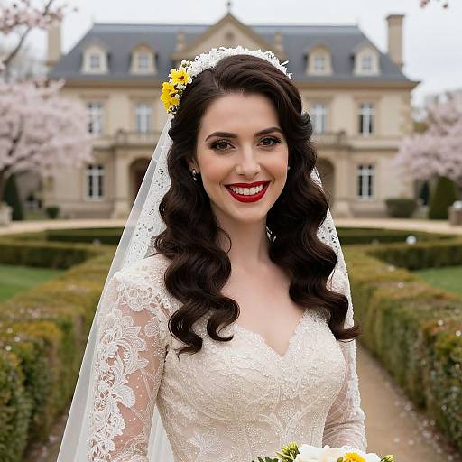 Photograph of a smiling bride with dark curly hair, red lipstick, white lace dress, and veil, standing in front of a grand mansion with blo