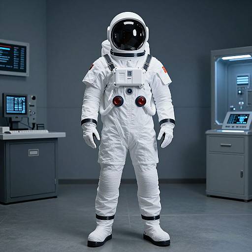 Photograph of a realistic astronaut in a white spacesuit with a black helmet, standing in a dimly lit, modern control room with monitors and equipment