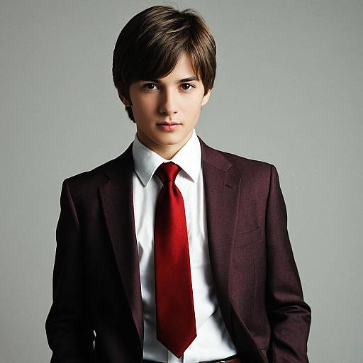 Young Boy in Maroon Suit with Red Tie