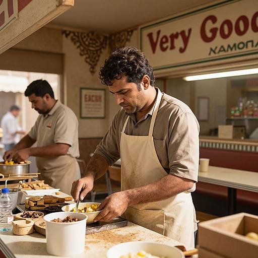 Photograph of two male chefs in beige aprons working in a rustic, warmly lit diner kitchen, preparing food at a counter. 
