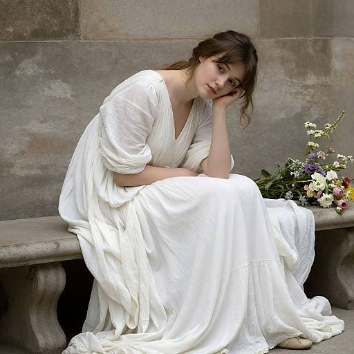 Photograph of a pensive young woman with brown hair, wearing a flowing white dress, sitting on a stone bench against a gray wall, with a