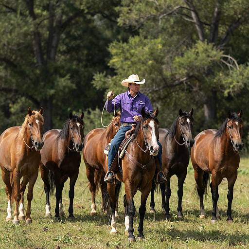 Purple-Shirt Cowboy in White Hat Leading Herd
