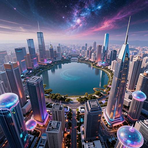 CGI image of a futuristic cityscape with glowing skyscrapers, a central circular lake, and a vibrant, starry night sky.