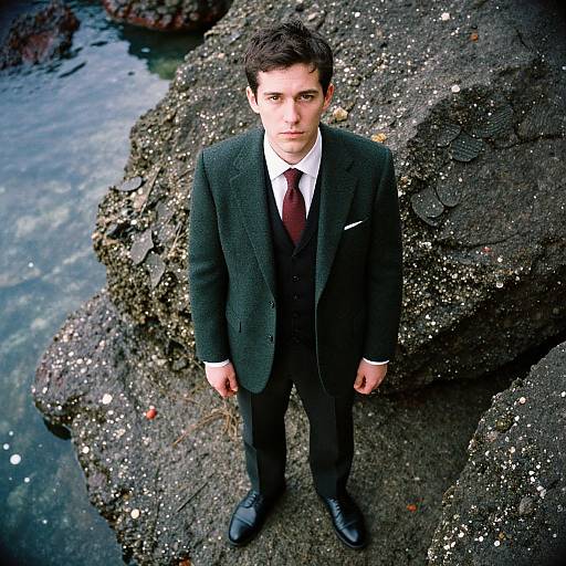 Photograph of a young man with dark hair, wearing a black suit, white shirt, and maroon tie, standing on rocky shore.