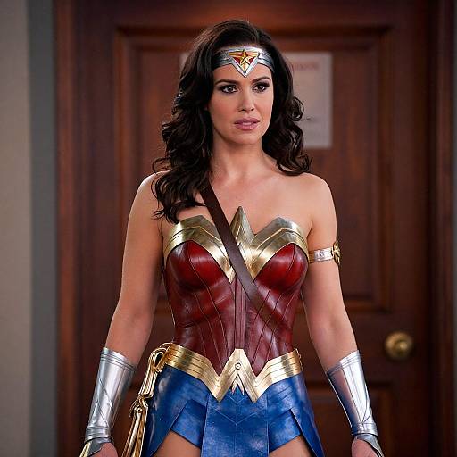 Photograph of a fair-skinned woman with dark curly hair, dressed as Wonder Woman in a red bustier, blue skirt, gold tiara,