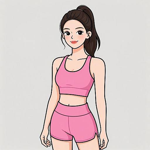 Digital drawing of a fair-skinned woman with black hair in a ponytail, wearing a pink sports bra and matching pink shorts, standing against a white