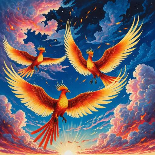 Elegant Soaring Phoenixes at Mystical Dawn Elegant Soaring Phoenixes at Mystical Dawn