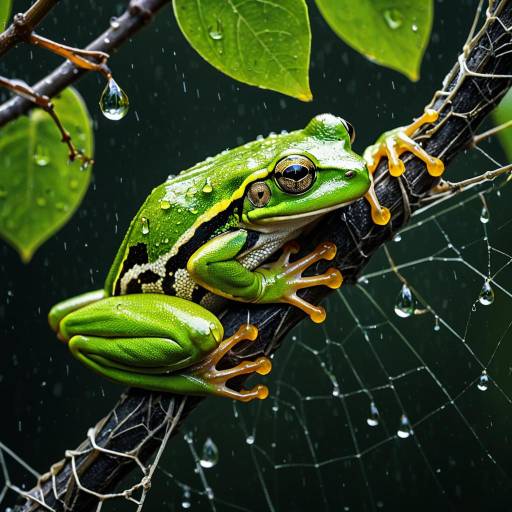 Green Tree Frog on Vine with Dewdrops Green Tree Frog on Vine with Dewdrops