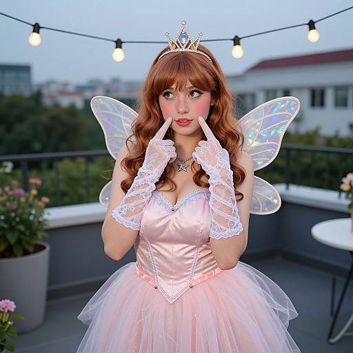Photograph of a fair-skinned woman with long auburn hair, wearing a pink satin ballgown, white lace gloves, fairy wings,