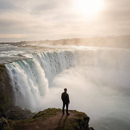 Photograph of a person in silhouette standing on a grassy cliff, gazing at the powerful, sunlit Niagara Falls cascading below.