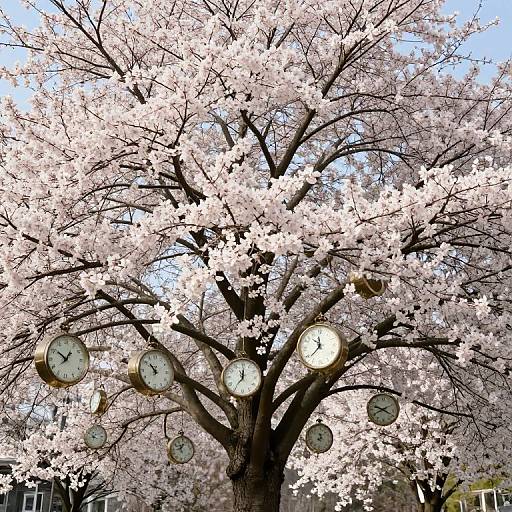 Photograph of a cherry blossom tree with numerous white clocks hanging from its branches, set against a bright blue sky background.