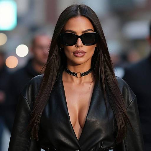 Photograph of a confident woman with long black hair, wearing large black sunglasses, a black choker, and a deep V-neck black leather jacket,