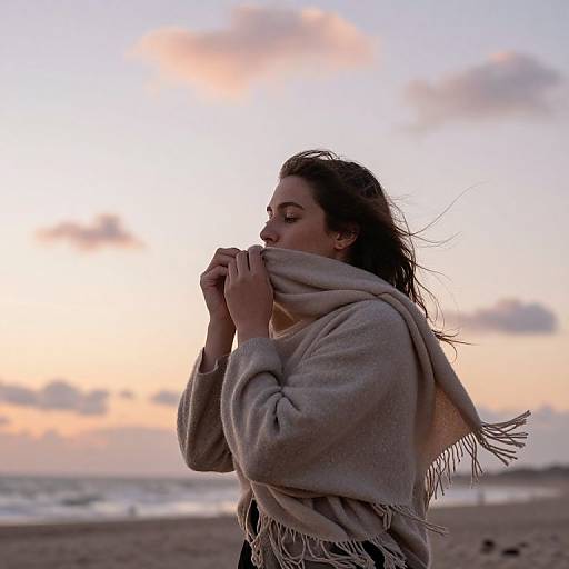 Photograph of a woman with long brown hair, wearing a beige scarf and gray sweater, standing on a beach at sunset, gently holding the scarf to
