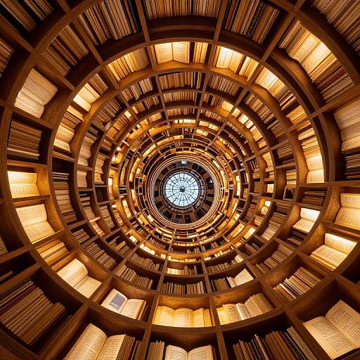 Photograph of a grand, circular, wooden library ceiling with illuminated bookshelves, centered stained glass window, and warm, golden lighting.