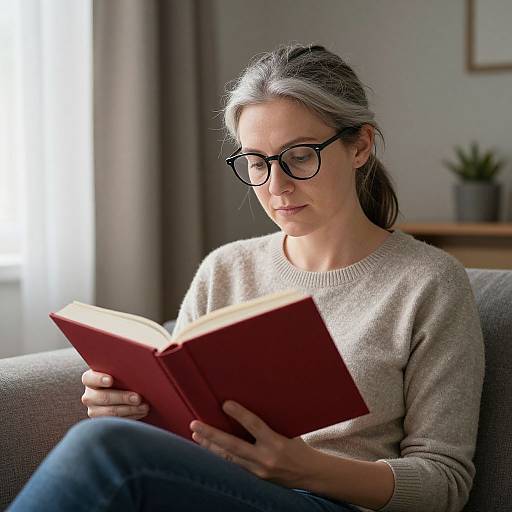 Photograph of a young woman with gray hair, black-rimmed glasses, and beige sweater, reading a red book on a gray sofa.