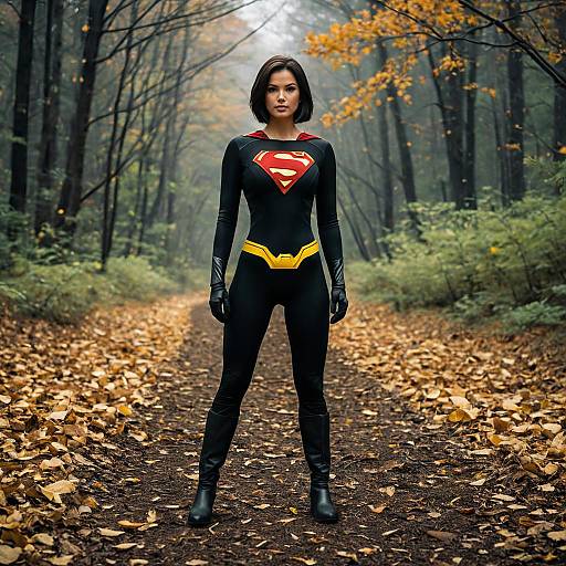 Woman in Superman-Inspired Superhero Costume in Forest