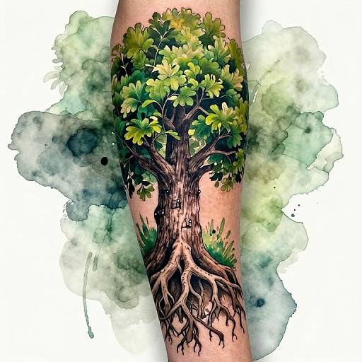 Intricate tattoo of a vibrant, leafy tree with exposed roots on a forearm, surrounded by watercolor-style green and blue splashes.