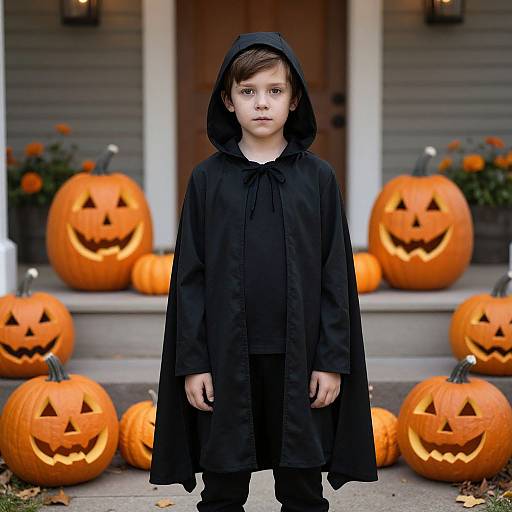 Young boy in black hooded cloak stands center in front of carved pumpkins, gray house steps, Halloween theme, serious expression. Photograph.
