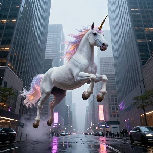 Photorealistic digital artwork: A white unicorn with a pink and purple mane leaps mid-air in a rainy, neon-lit urban canyon of tall,