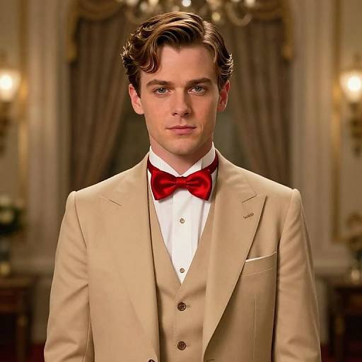 Photograph of a handsome, fair-skinned man with dark, wavy hair, wearing a beige three-piece suit, red bow tie, and white