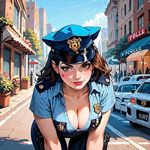 Digital illustration of a sexy female police officer with large breasts, blue uniform, and hat, leaning forward on a sunny urban street.
