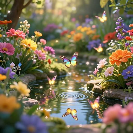 Photograph of a vibrant garden pond with colorful flowers, a blue and yellow butterfly, and a reflection of another butterfly on the water's surface, illuminated