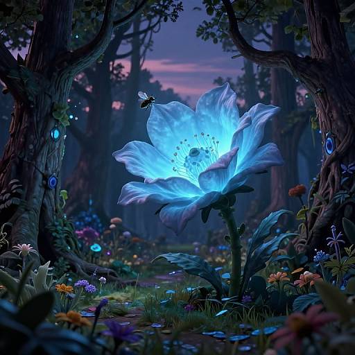 Digital fantasy artwork of a glowing blue flower in a mystical forest at twilight, surrounded by glowing orbs and vibrant, colorful flora. A small butterfly hovers
