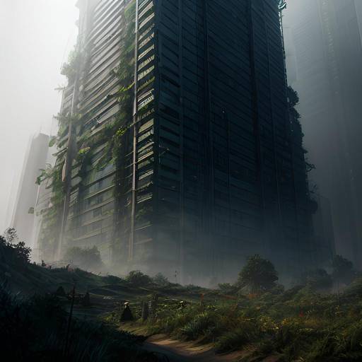 Overgrown Cyberpunk Cityscape in Misty Mountains