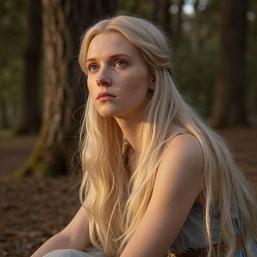 Photograph of a young blonde woman with long, wavy hair, fair skin, and blue eyes, sitting in a sunlit forest, wearing a