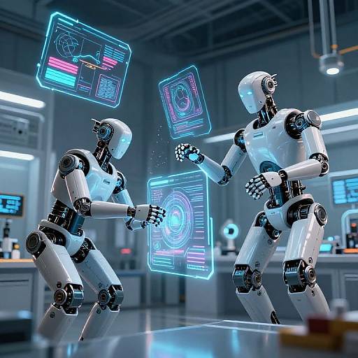 Digital artwork of two white humanoid robots in a futuristic lab, exchanging glowing holographic screens with neon blue interfaces.