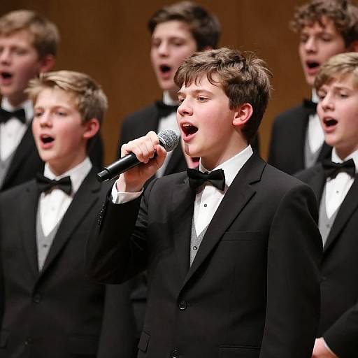 Photograph of six teenage boys in black tuxedos and bow ties, singing passionately into a microphone, with brown wooden background.