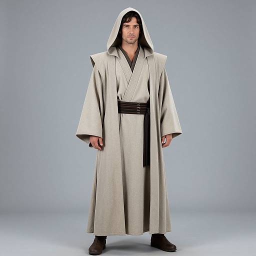 Photograph of a man in a gray Jedi robe with black belt, hood up, standing against a plain blue background.