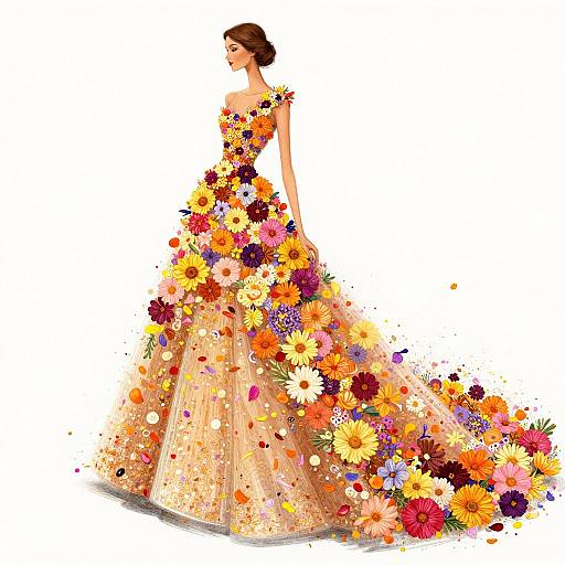 Digital illustration of a woman in a vibrant, floral-embellished ball gown with a full, multi-colored flower skirt, standing against a white background