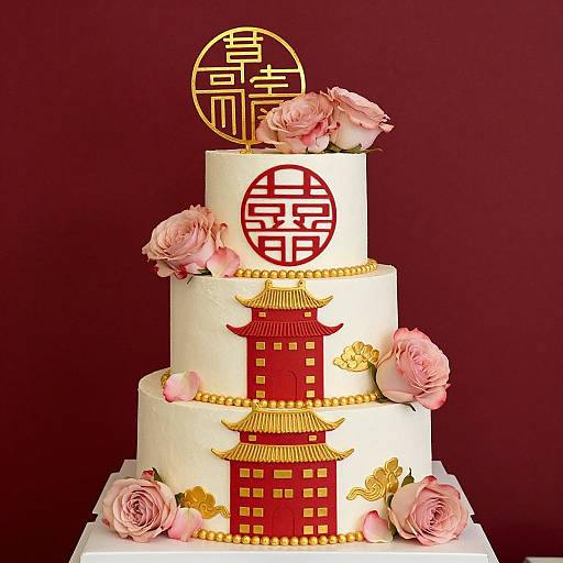 Photograph of a three-tiered Chinese-themed cake with white fondant, red temple tower, gold accents, pink roses, and red circular designs.