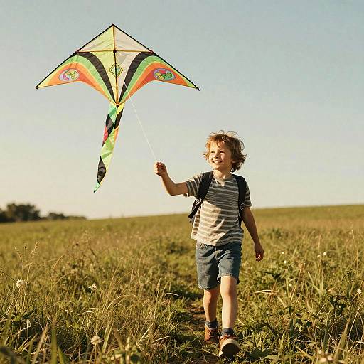 Photograph of a young boy with curly hair, wearing a striped shirt and denim shorts, flying a colorful kite in a sunlit grassy field.