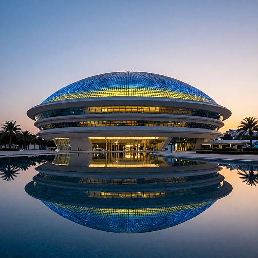 Photograph of a modern, spherical building with a blue-tiled dome, illuminated from within, reflecting perfectly on a still water surface at twilight.