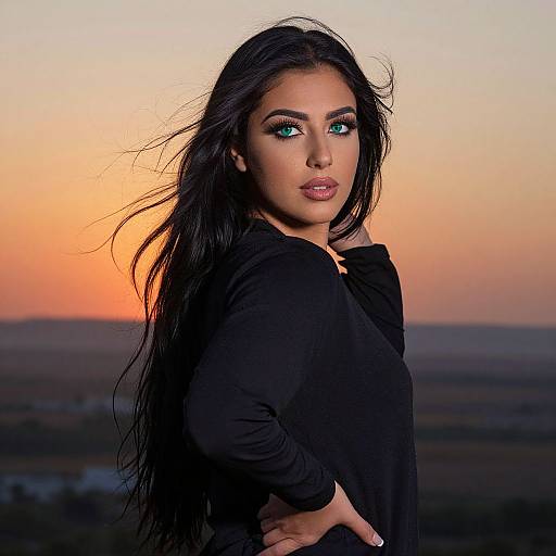 Photograph of a stunning woman with long black hair, striking green eyes, and full lips, wearing a black top, against a sunset sky. Her
